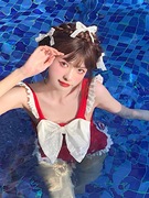 mimoi日系可爱2024复古泳装网，红色蝴蝶结裙式连体游泳衣女夏