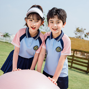 小学生校服夏季套装一年级儿童短袖运动班服粉蓝色幼儿园园服polo