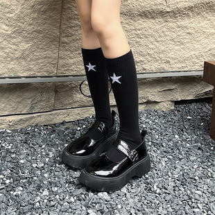 欧美街头潮牌五角星长袜及膝袜显瘦小腿袜子女黑白纯色百搭高筒袜