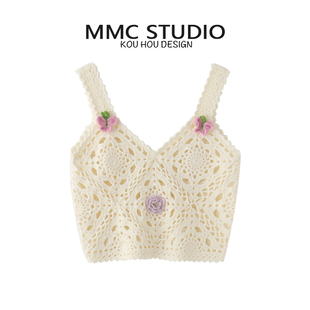 MMC 24夏季针织吊带衫白色钩花镂空设计甜美修身上衣背心外穿