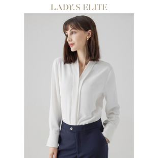 ladyselite2023春夏女士白色衬衫，长袖v领小众设计感百搭上衣