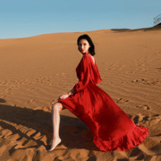 海边度假连衣裙泰国旅游拍照沙漠，红裙西藏青海湖露背v领长裙礼服