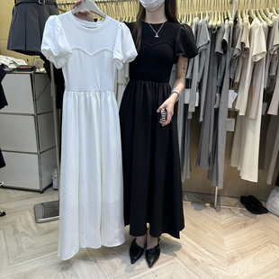 十三行韩版2024年夏季修身泡泡袖拼接长款气质短袖显瘦连衣裙