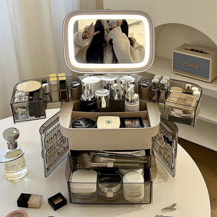 化妆品收纳盒桌面带镜子一体，梳妆台护肤品香水置物架口红收纳柜箱