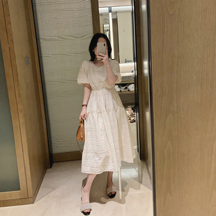 misslady韩版圆领通勤米白色长裙套头短袖蕾丝刺绣质感收腰连衣裙