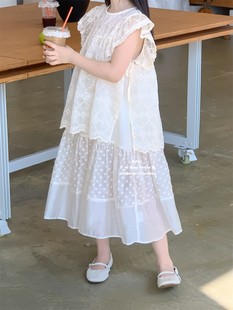 女童白色连衣裙镂空蕾丝纯棉飞袖花边背心娃娃衫半身裙夏季套装裙