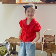 韩国童装24夏~urban女童大童复古蕾丝边红色翻领泡泡短袖衬衫