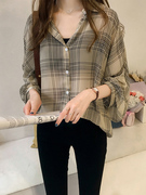 格子雪纺衬衫女设计感小众衬衣2023年夏季韩版长袖防晒衣上衣