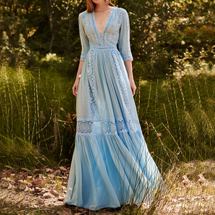 高级感法式蕾丝蓝色连衣裙雪纺，重工仙女裙子气质长裙高个子(高个子)超长裙
