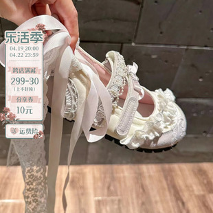 pinkyo原创法式蕾丝芭蕾舞单鞋2024夏季可爱圆头百搭配裙子平底鞋