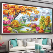 纯手工十字绣成品世外桃源风景，山水大画客厅装饰画，人工绣好的