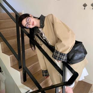 一只西由XIYO  PU皮拼接撞色卡其风衣2025春秋中长款小个子外套女