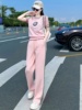 欧洲站运动套装女夏季2024休闲时尚粉色减龄短袖阔腿裤两件套