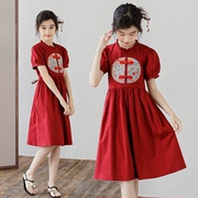 女童红色国风连衣裙夏季短袖，儿童泡泡袖，公主裙洋气小女孩夏天裙子