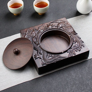 黑檀木烟灰缸创意复古中式家用大号，带盖防灰刻字logo木质方形烟缸