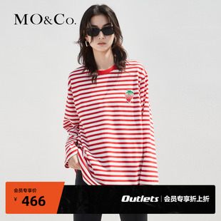 MOCO奥莱草莓图案宽松长袖圆领红色纯棉T恤条纹上衣上装