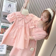 韩版炸街亲子装2024夏季母女装珍珠领连衣裙女童短袖公主裙子