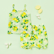 夏季女童清新柠檬真丝套装儿童桑蚕丝吊带短裤两件套婴儿宝宝睡衣