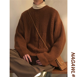 NAGAWL冬季宽松美式复古咖啡棕色针织衫加厚慵懒风毛衣男港风