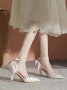 侧空单鞋女2023年春季蝴蝶结婚鞋细跟婚纱尖头白色高跟鞋女鞋
