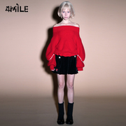 4MILE设计师品牌 胶囊系列 红色一字肩毛衣黑色小花点缀丝绒半裙