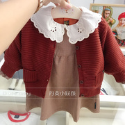 韩国童装20秋季女童宝宝，棕红色泡泡袖洋气毛衣开衫线衣f3