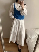 韩国甜美法式少女白色立领衬衫配宝蓝色镂空针织马甲吊带