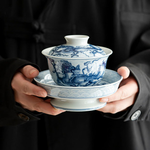 青花三才盖碗高档大号龙纹单个敬茶碗中式仿古功夫茶具陶瓷泡茶碗