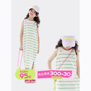 olamimi定制2023夏亲子(夏亲子，)白绿条纹纯棉，休闲活力开叉无袖背心连衣裙