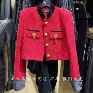luo设计感撞色边羽绒短外套，女2023冬小香红色立领粗花呢羽绒上衣