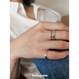 hellojune925银戒指女双层镂空不规则线条戒指，光板凹面搭配尾戒