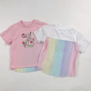 110-155内~女孩女童套头，棉氨纶拼接彩虹，百褶雪纺短袖t恤