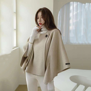 韩国东大门短款披肩蝙蝠袖毛呢，大衣女双面手缝羊绒大衣斗篷女外套