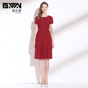 红色连衣裙2024夏季系带收腰显瘦通勤气质短袖雪纺裙子中长款