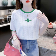 撞色蕾丝镂空白色t恤女短袖，2024夏韩版宽松圆领，体恤刺绣上衣