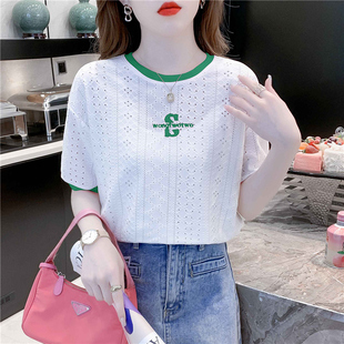 撞色蕾丝镂空白色t恤女短袖2024夏韩版宽松圆领，体恤刺绣上衣