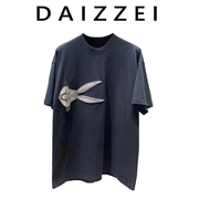 DAIZZEI~2023春夏小众独特别致上衣复古休闲兔子黑色短袖t恤