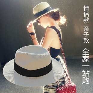 夏季可折叠黑白平宽檐，男女亲子草帽巴拿马礼帽，遮阳帽子情侣沙滩帽
