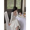 早秋法式气质长裙高端轻奢礼服冷淡高级感小香风，白色长袖连衣裙子