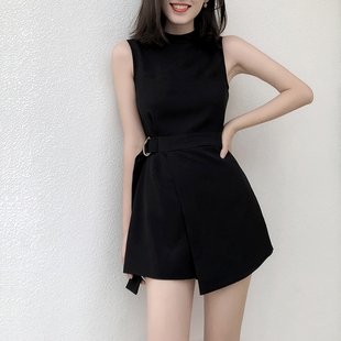 黑色连体短裤女雪纺2024夏季高腰显瘦小个子，时尚工装连衣裤潮