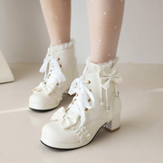 原创lolita甜美蝴蝶结短靴子，厚底粗跟系带，马丁靴蕾丝时尚小码女鞋