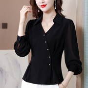 黑色雪纺衬衫女长袖，秋季2023设计感气质，上衣时尚洋气时髦小衫