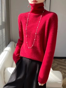 小田红色高领毛衣女(毛，衣女)秋冬时尚洋气内搭打底针织衫