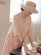 夏季文艺新中式竹子印花国风改良旗袍，宽松斜襟中袖复古长裙粉色