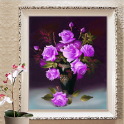 纯手工十字绣成品紫玫瑰花瓶，一见倾心3d版，现代简约客厅装饰画