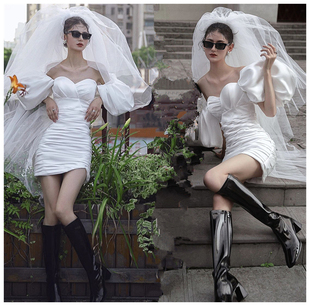 摄影主题服情侣装白色，包臀大泡袖抹胸礼服时尚个性，婚纱旅拍森系新