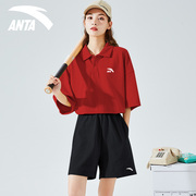 安踏运动套装女红色简单polo短裤羽毛球服冰丝速干棒球服两件套女