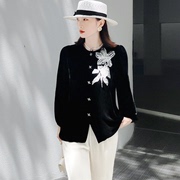 国风复古刺绣真丝外套，女秋季高级感时尚，洋气丝绒黑色刺绣中式开衫