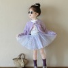 女童韩系毛衣开衫，2024春装小女孩洋气紫色，上衣慵懒风短款外套