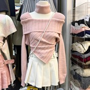 韩版设计感不规则针织衫女冬季2023挂脖修身显瘦露肩套头毛衣